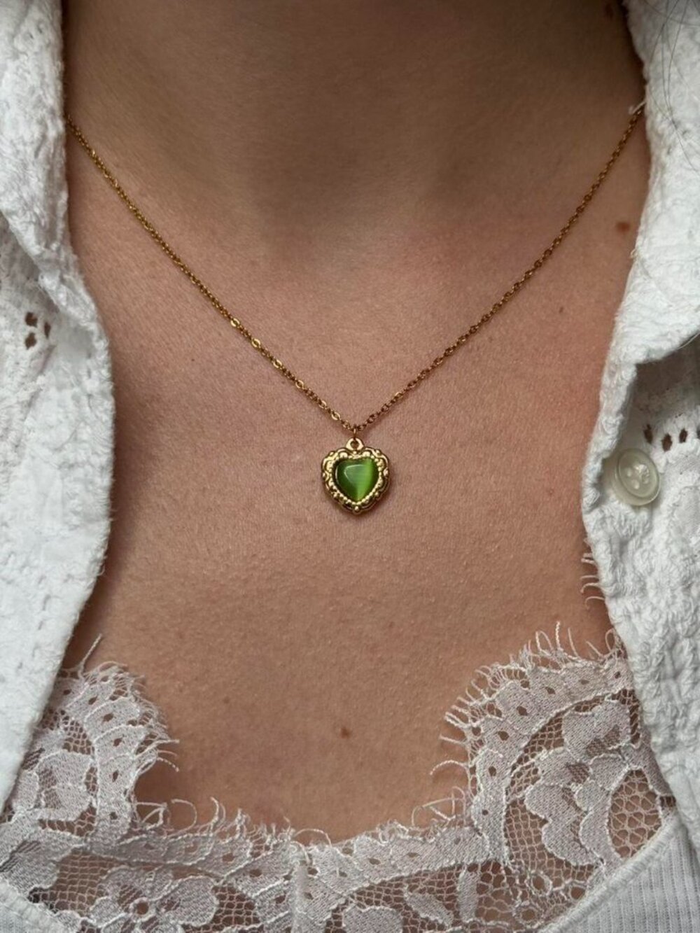 Sku0430 Retro Gold Green Gemstone Women Heart shape Pedant Necklace + gift bag - Picture 5 of 6
